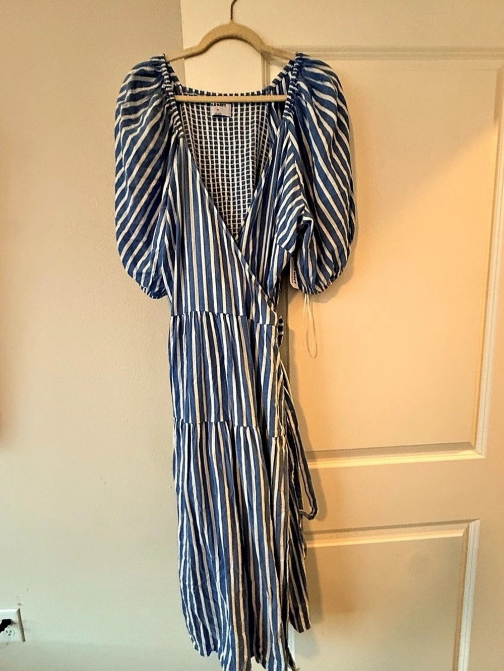 Old Navy Waist-Defined Striped Tie-Belt Midi Wrap Dress Blue & White 2X